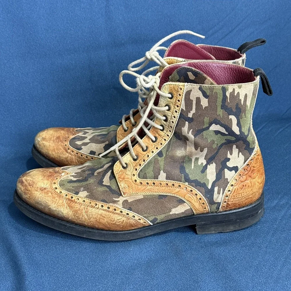 TAFT Mens Size 9 Camo Leather Wingtip Brogue Boots Handcrafted Spain Combat Boot